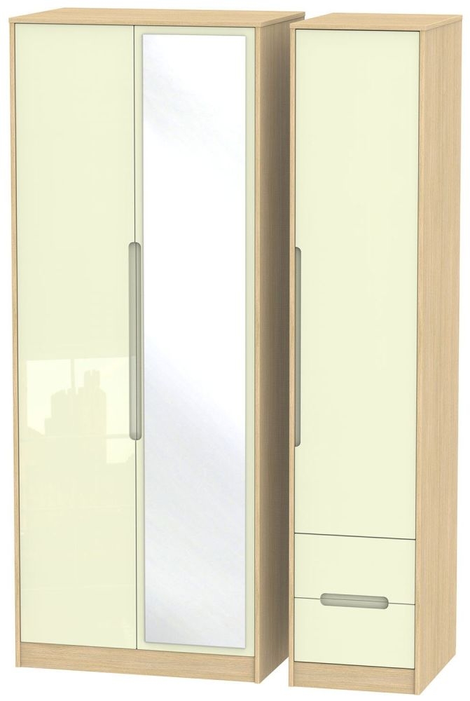 Monaco Cream Gloss and Light Oak 3 Door Tall Combi Wardrobe - 1 Mirror and RHF 2 Drawers