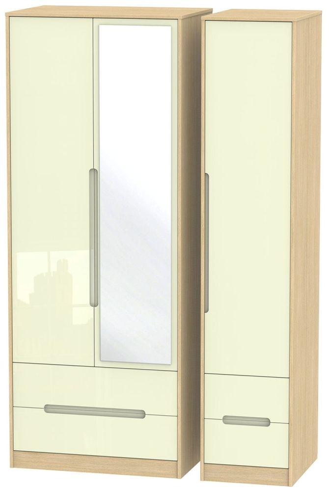Monaco Cream Gloss and Light Oak 3 Door Tall Combi Wardrobe - 1 Mirror