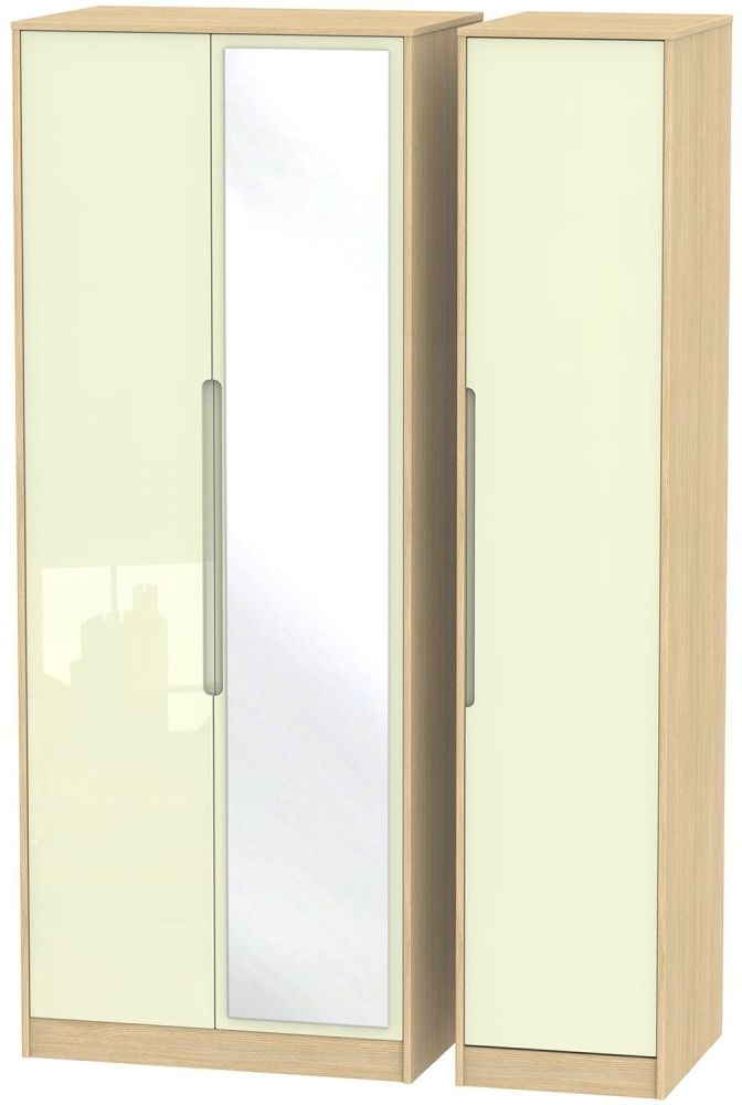 Monaco Cream Gloss and Light Oak 3 Door Tall Triple Wardrobe - 1 Mirror