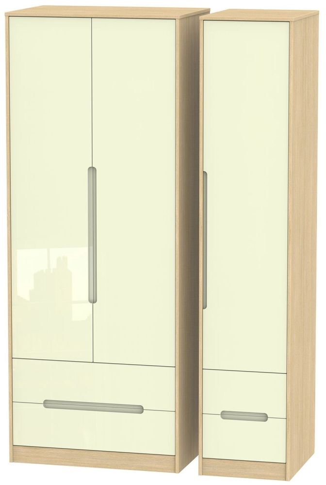 Monaco Cream Gloss and Light Oak 3 Door Tall Triple Wardrobe - 4 Drawers