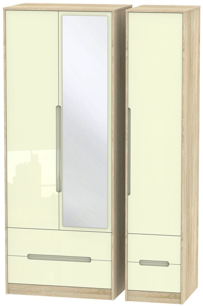 Monaco Cream Gloss and Oak Effect 3 Door Tall Combi Wardrobe - 1 Mirror