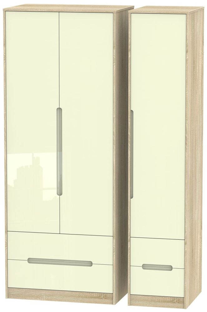 Monaco Cream Gloss and Oak Effect 3 Door Tall Triple Wardrobe - 4 Drawers