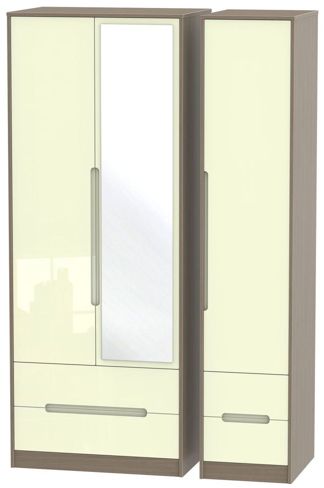Monaco Cream Gloss and Toronto Walnut 3 Door Tall Combi Wardrobe - 1 Mirror