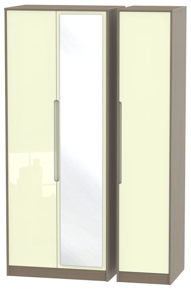 Monaco Cream Gloss and Toronto Walnut 3 Door Tall Triple Wardrobe - 1 Mirror