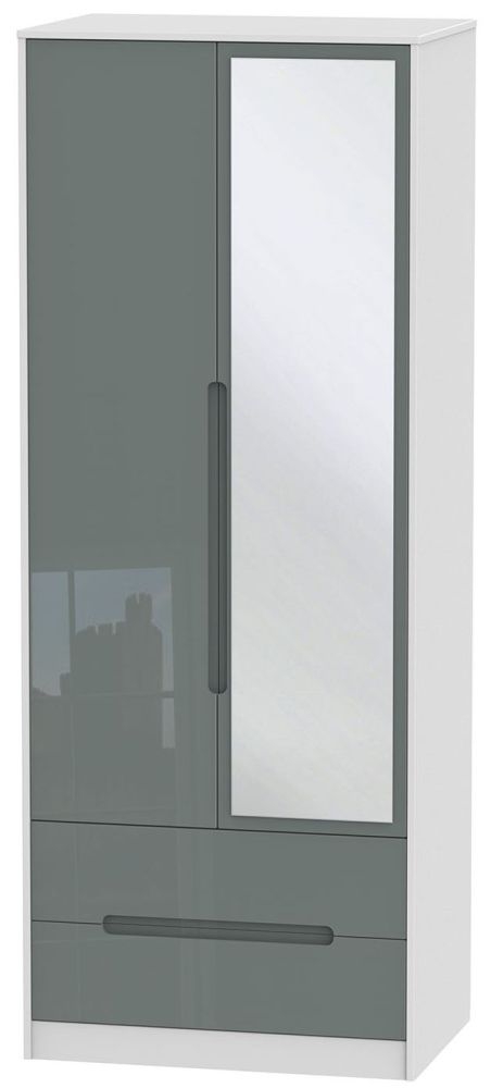 Monaco Grey Gloss and White 2 Door Tall Combi Wardrobe - 1 Mirror