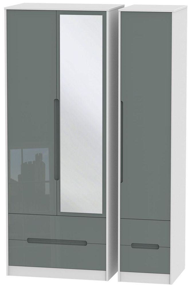 Monaco Grey Gloss and White 3 Door Tall Combi Wardrobe - 1 Mirror
