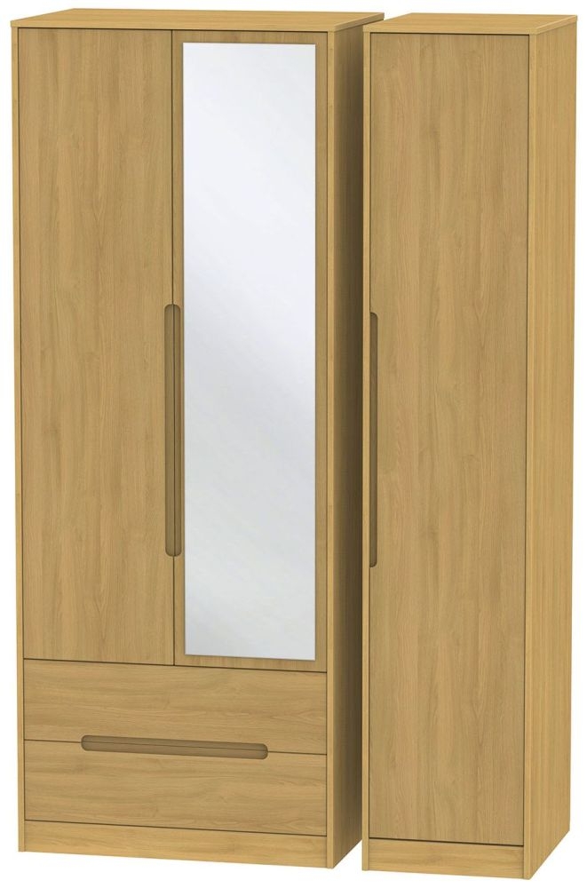 Monaco Modern Oak 3 Door Tall Combi Wardrobe - 1 Mirror and LHF 2 Drawers
