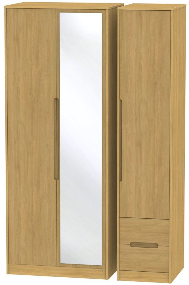 Monaco Modern Oak 3 Door Tall Combi Wardrobe - 1 Mirror and RHF 2 Drawers