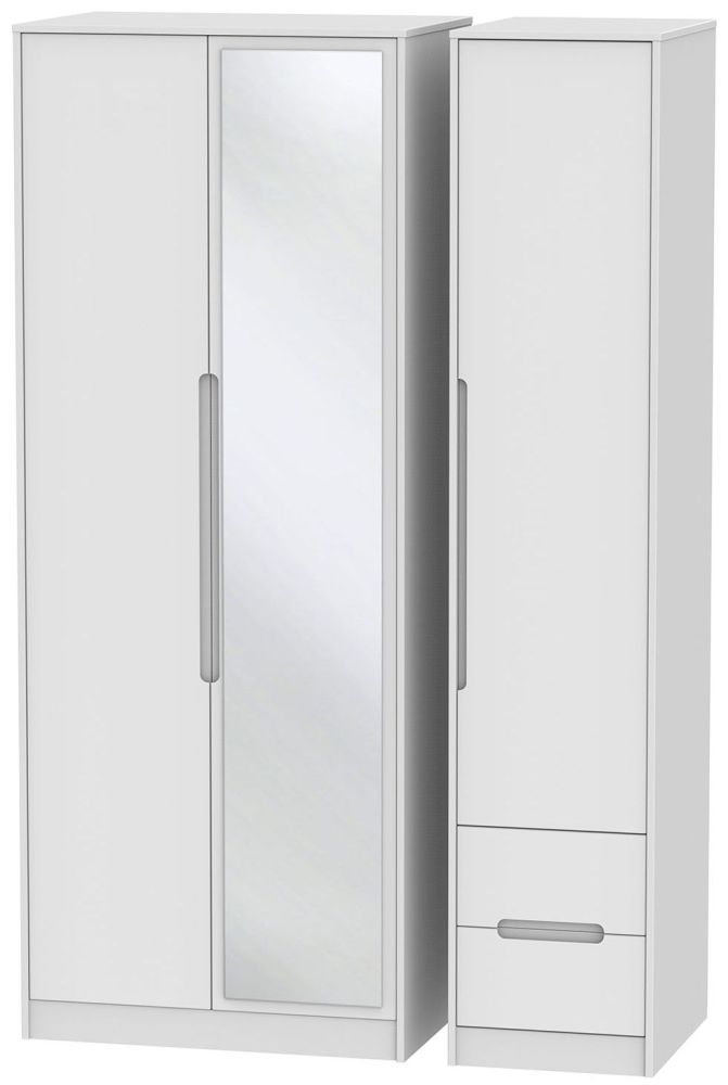 Monaco White 3 Door Tall Combi Wardrobe - 1 Mirror and RHF 2 Drawers