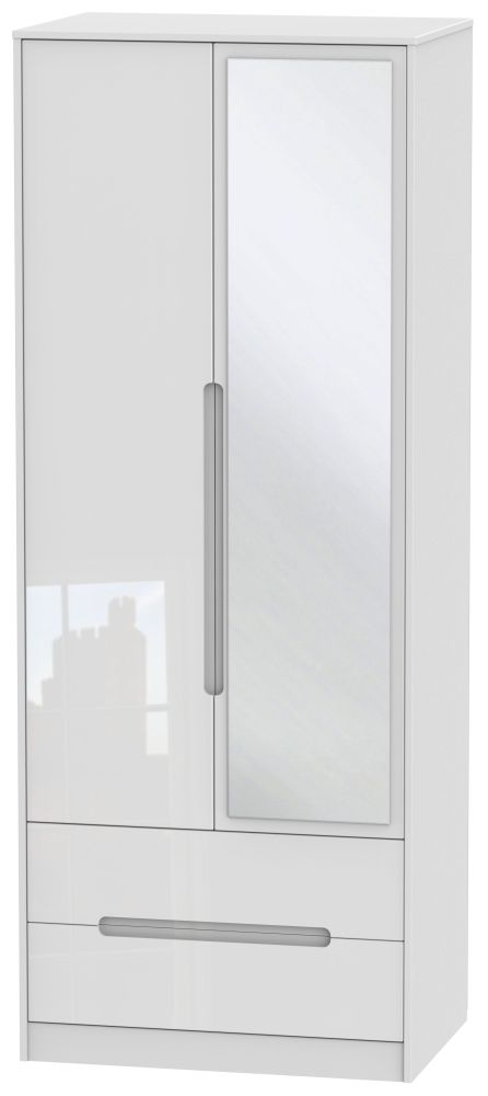 Monaco White Gloss 2 Door Tall Combi Wardrobe - 1 Mirror