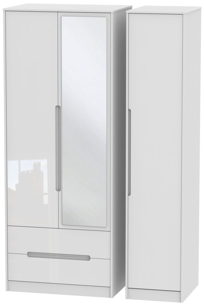 Monaco White Gloss 3 Door Tall Combi Wardrobe - 1 Mirror and LHF 2 Drawers