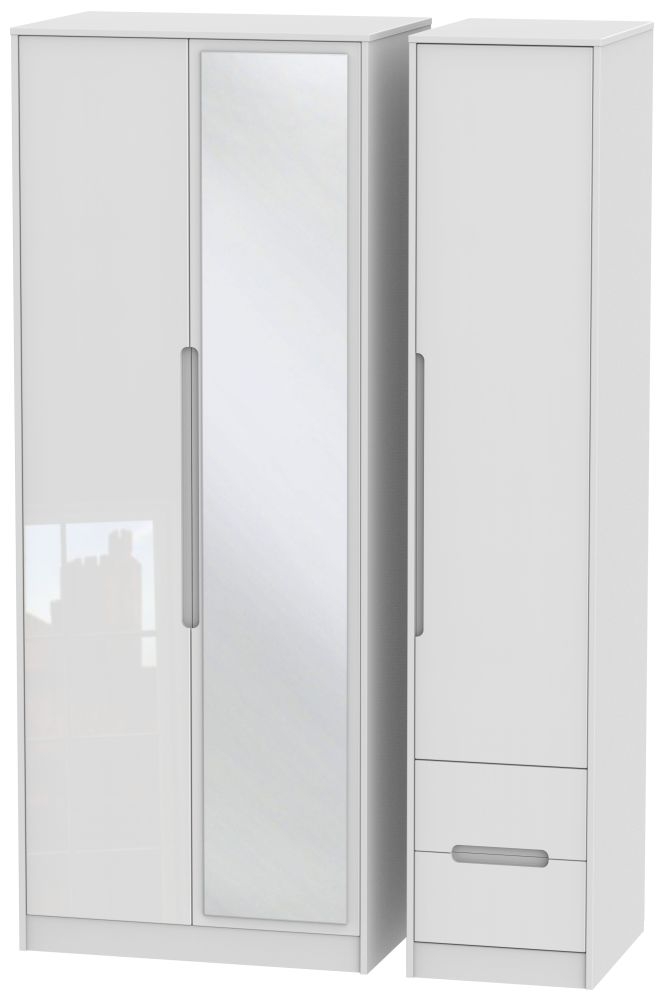 Monaco White Gloss 3 Door Tall Combi Wardrobe - 1 Mirror and RHF 2 Drawers