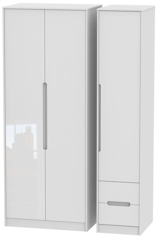 Monaco White Gloss 3 Door Tall Triple Wardrobe - RHF 2 Drawers