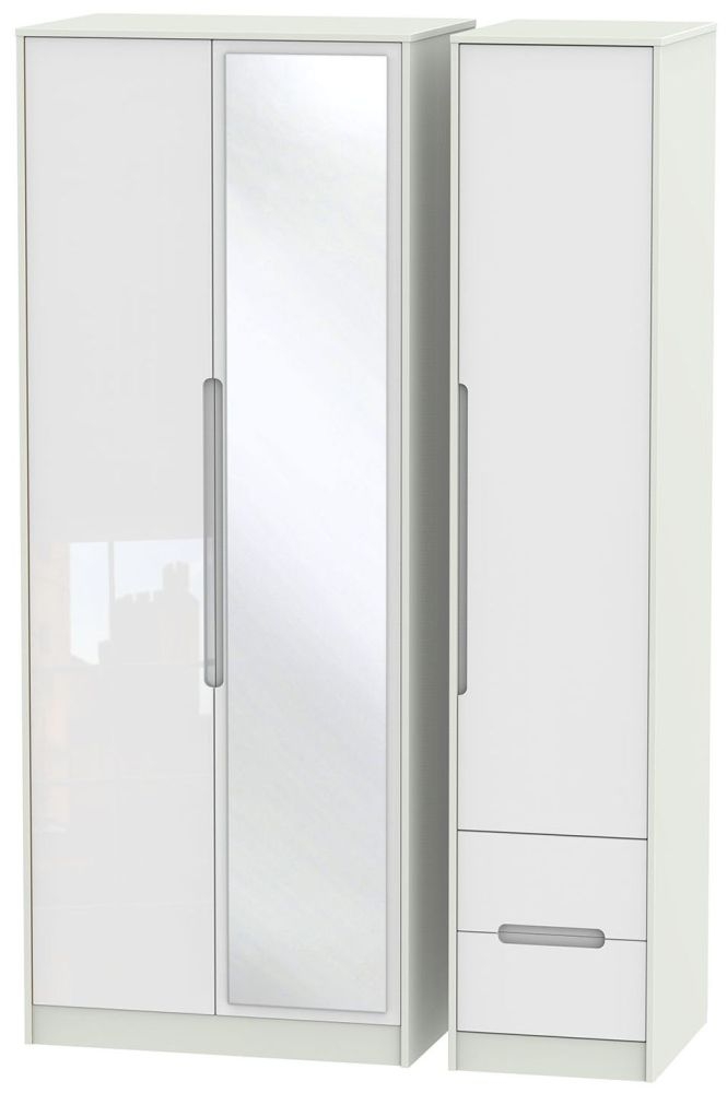 Monaco White Gloss and Cashmere 3 Door Tall Combi Wardrobe - 1 Mirror and RHF 2 Drawers