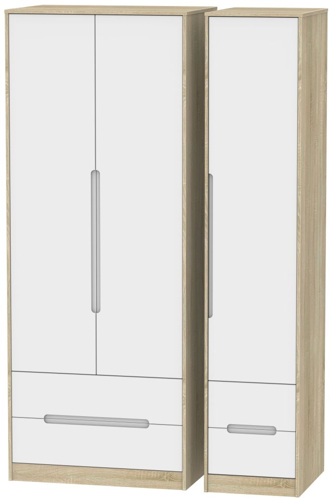 Monaco White Matt and Oak Effect 3 Door Tall Triple Wardrobe - 4 Drawers