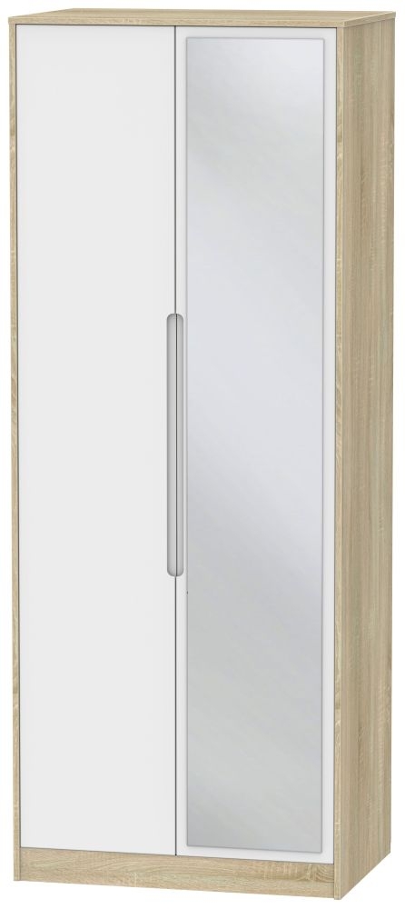 Monaco White and Oak Effect 2 Door Tall Wardrobe - 1 Mirror