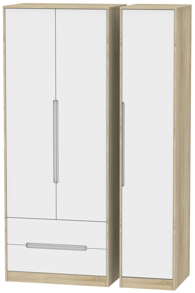 Monaco White and Oak Effect 3 Door Tall Triple Wardrobe - LHF 2 Drawers