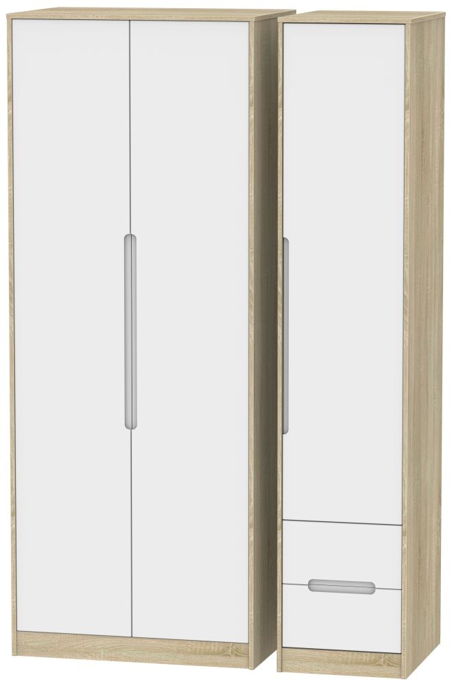 Monaco White and Oak Effect 3 Door Tall Triple Wardrobe - RHF 2 Drawers
