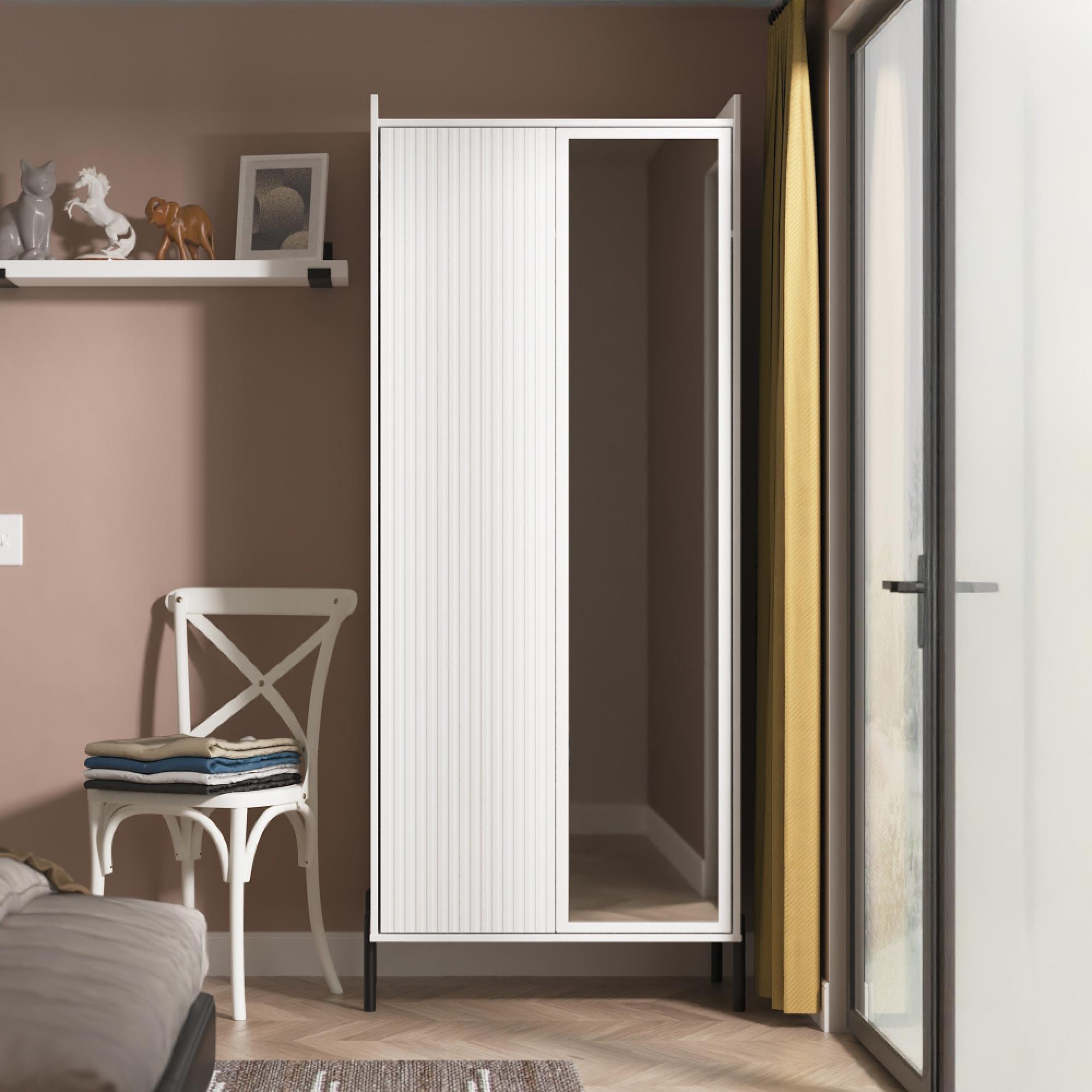 Osaka Wardrobe - 2 Door - 1 Mirror - Tall - White Matt Fluted