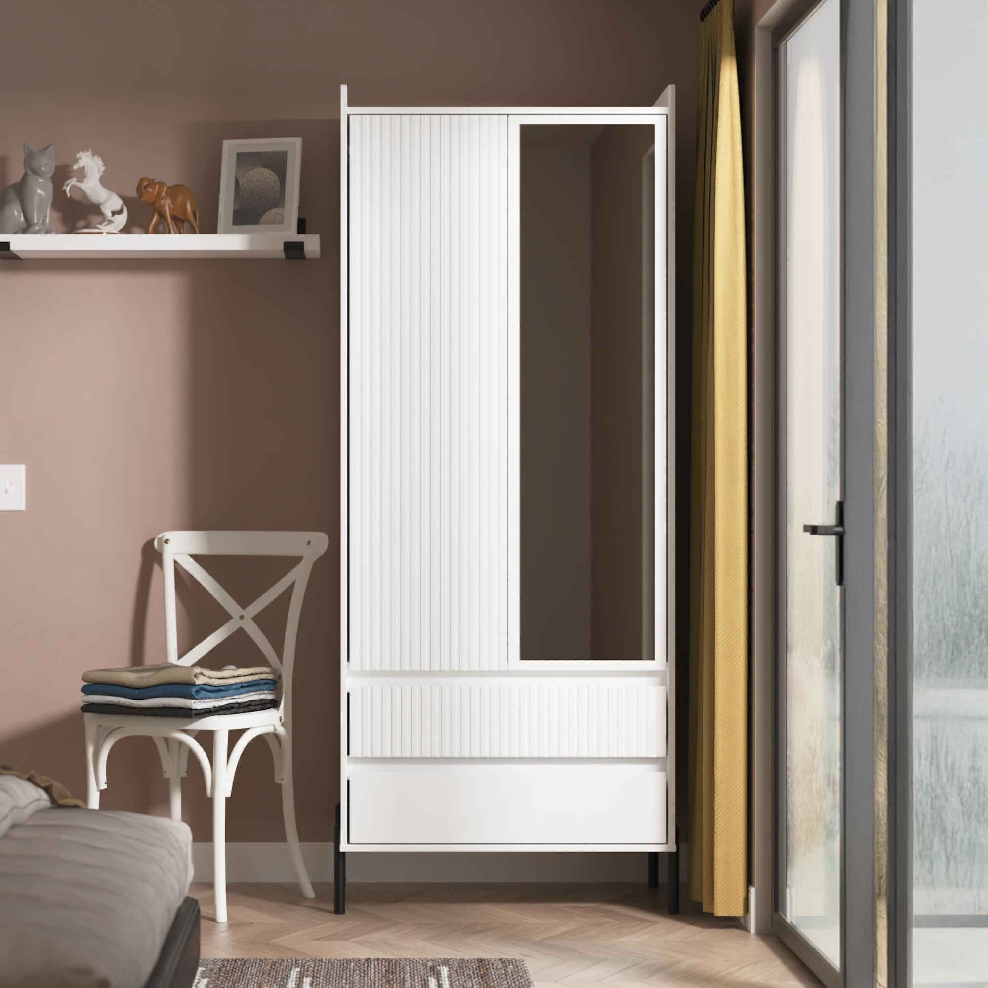 Osaka Wardrobe - 2 Door - Combi with 1 Mirror - White Matt Fluted