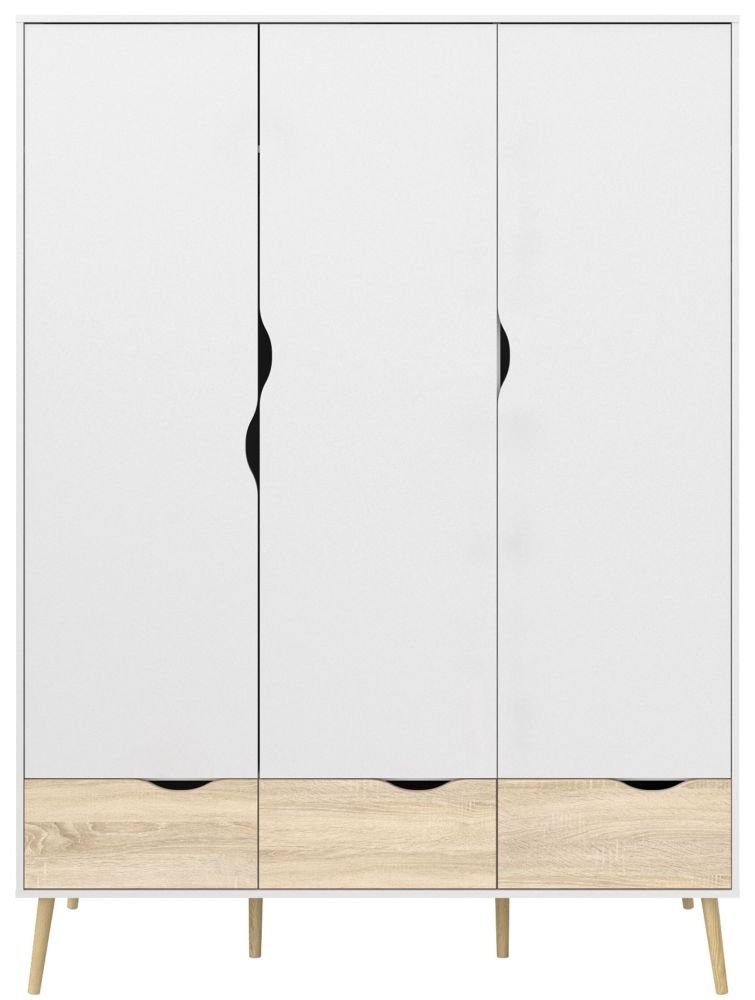 Oslo White and Oak Effect 3 Door 3 Drawer Wardrobe