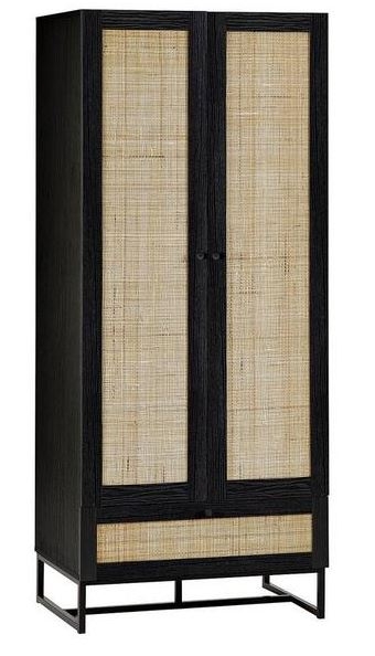 Padstow Double Wardrobe - 2 Door - 1 Drawer - Black and Rattan