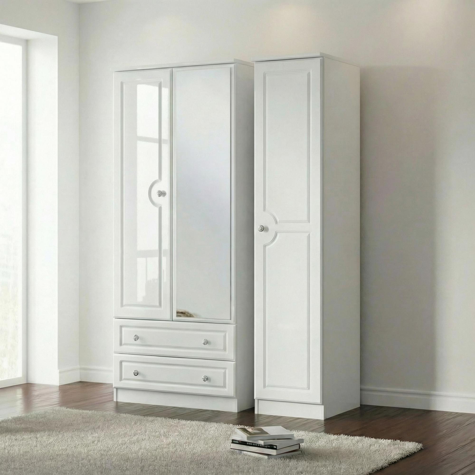 Pembroke Wardrobe - 3 Door - 1 Mirror - LHF 2 Drawers - Combi - White
