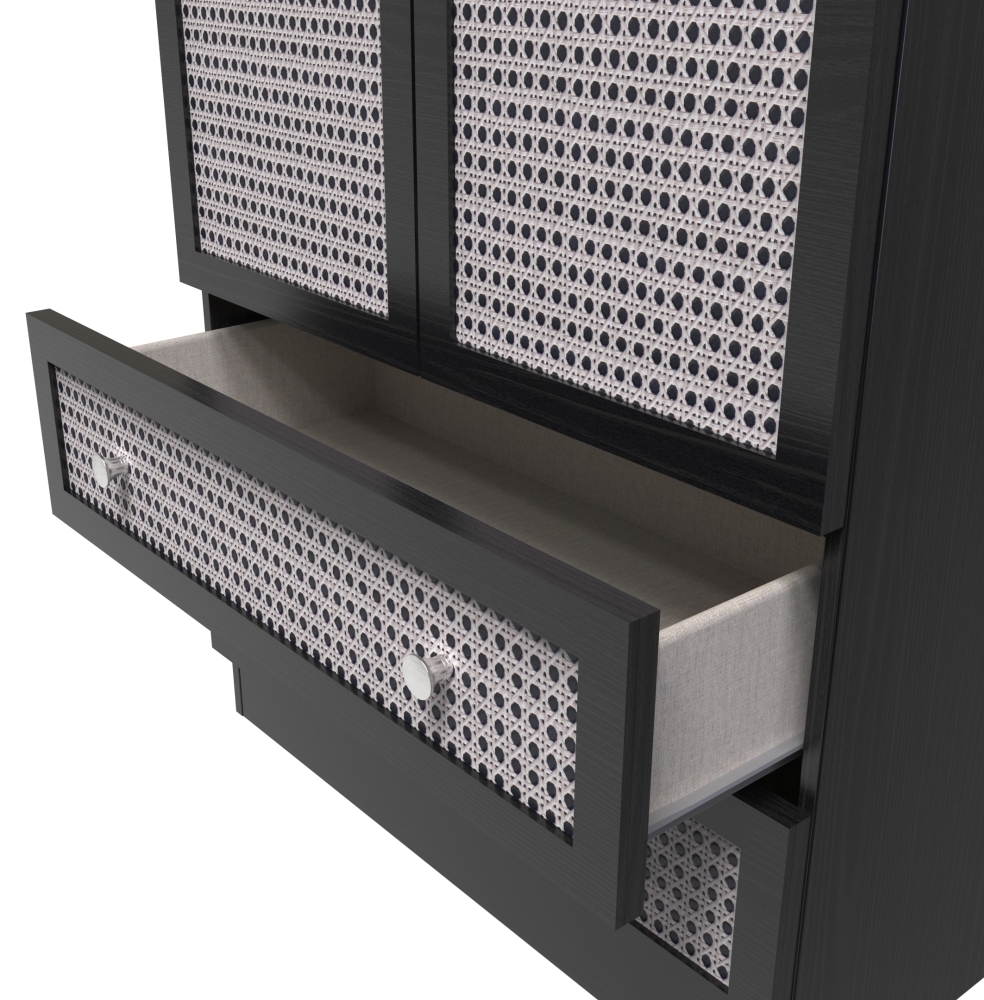 Rattan and Black Ash Wardrobe - 2 Door - 2 Drawer - Tall