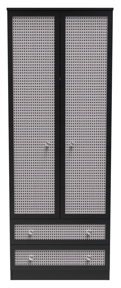 Rattan and Black Ash 2 Door 2 Drawer Tall Wardrobe