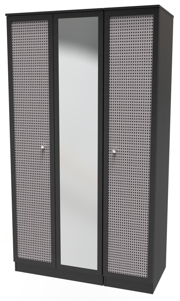 Rattan and Black Ash Wardrobe - 3 Door - 1 Mirror - Triple