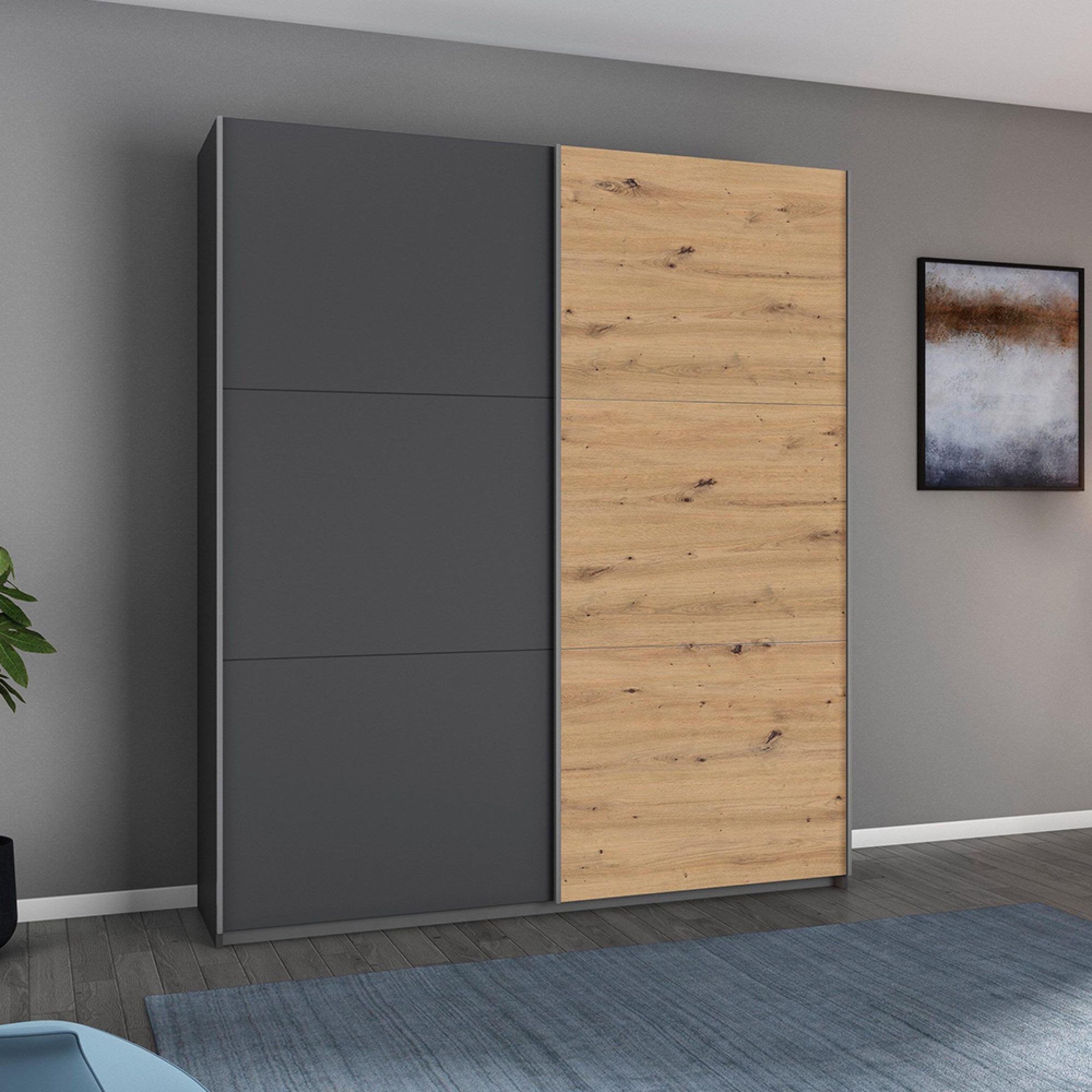 Rauch Aurelio 175cm Metallic Grey and Artisan Oak 2 Door Sliding Wardrobe