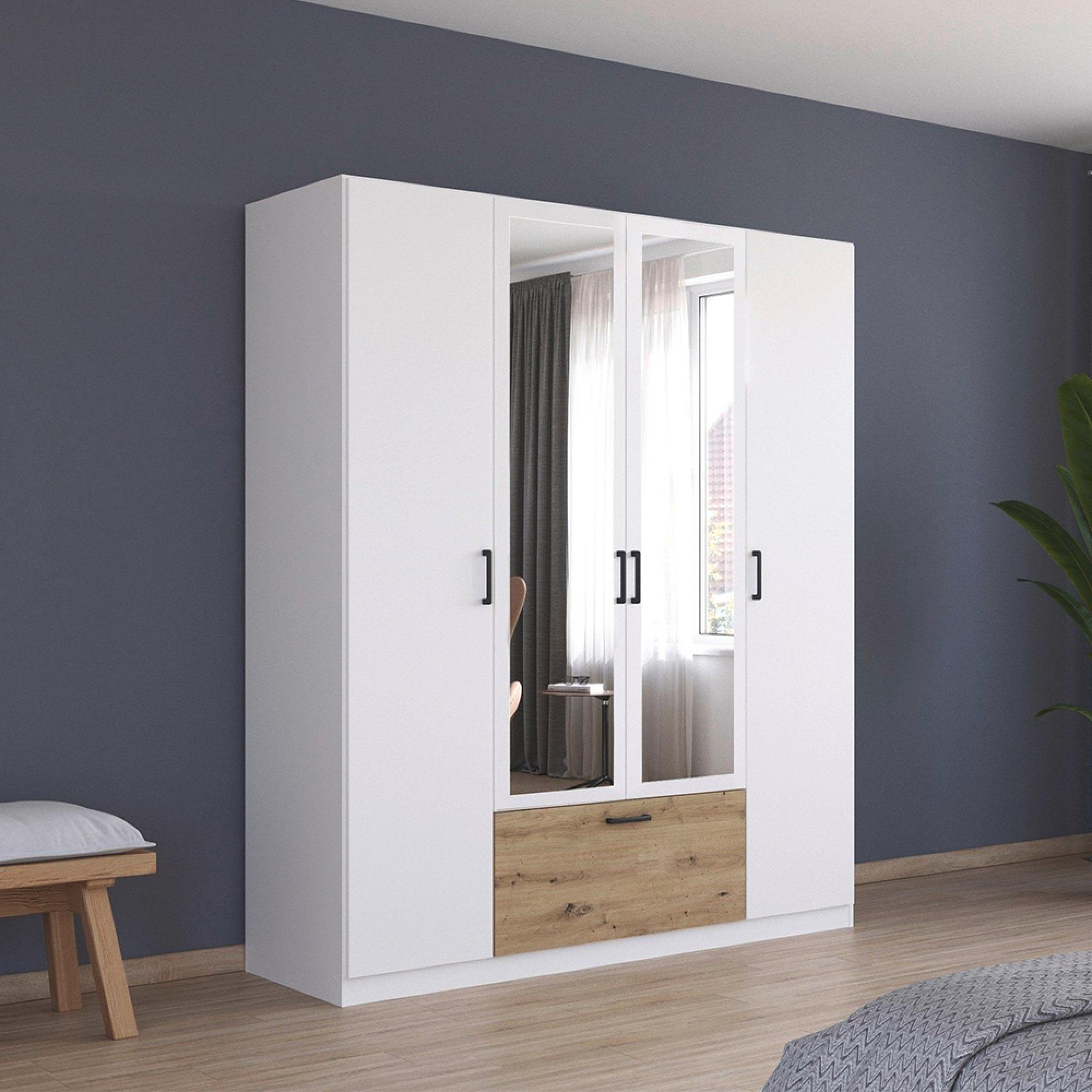 Rauch Bari 181cm 4 Door Combi Wardrobe - Alpine White and Artisan Oak