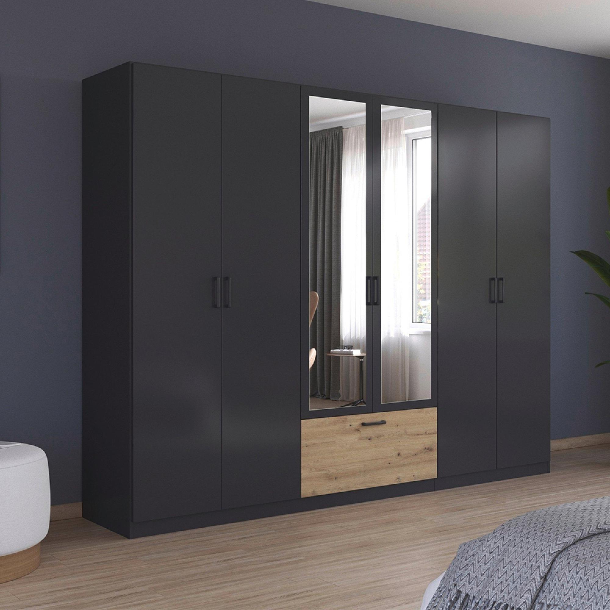 Rauch Bari 271cm 6 Door Combi Wardrobe - Metallic Grey and Artisan Oak