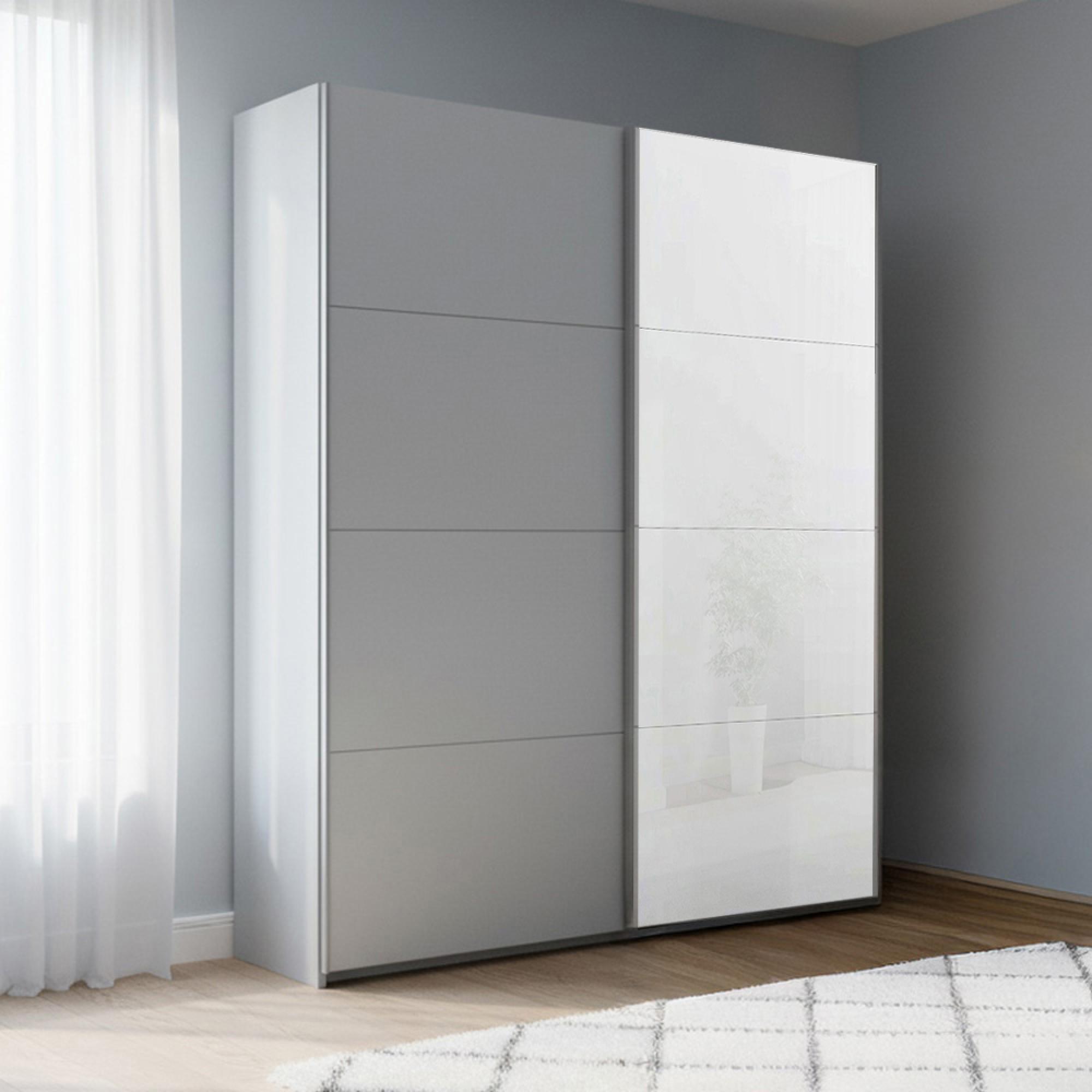 Beluga Extra Sliding Wardrobe - 137cm - 2 Door - White High Gloss & Silk Grey Front