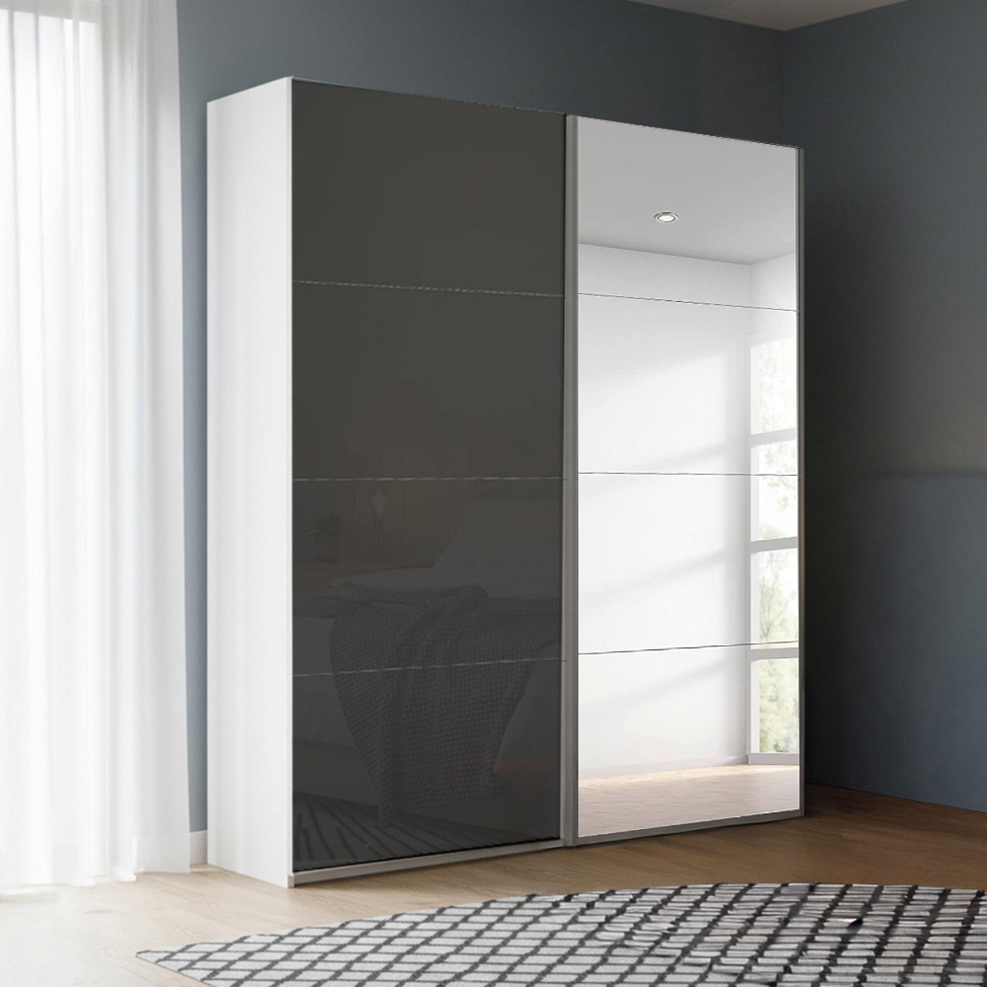 Beluga Extra Sliding Wardrobe - 137cm - 2 Door - Mirror - Alpine White & Basalt Glass
