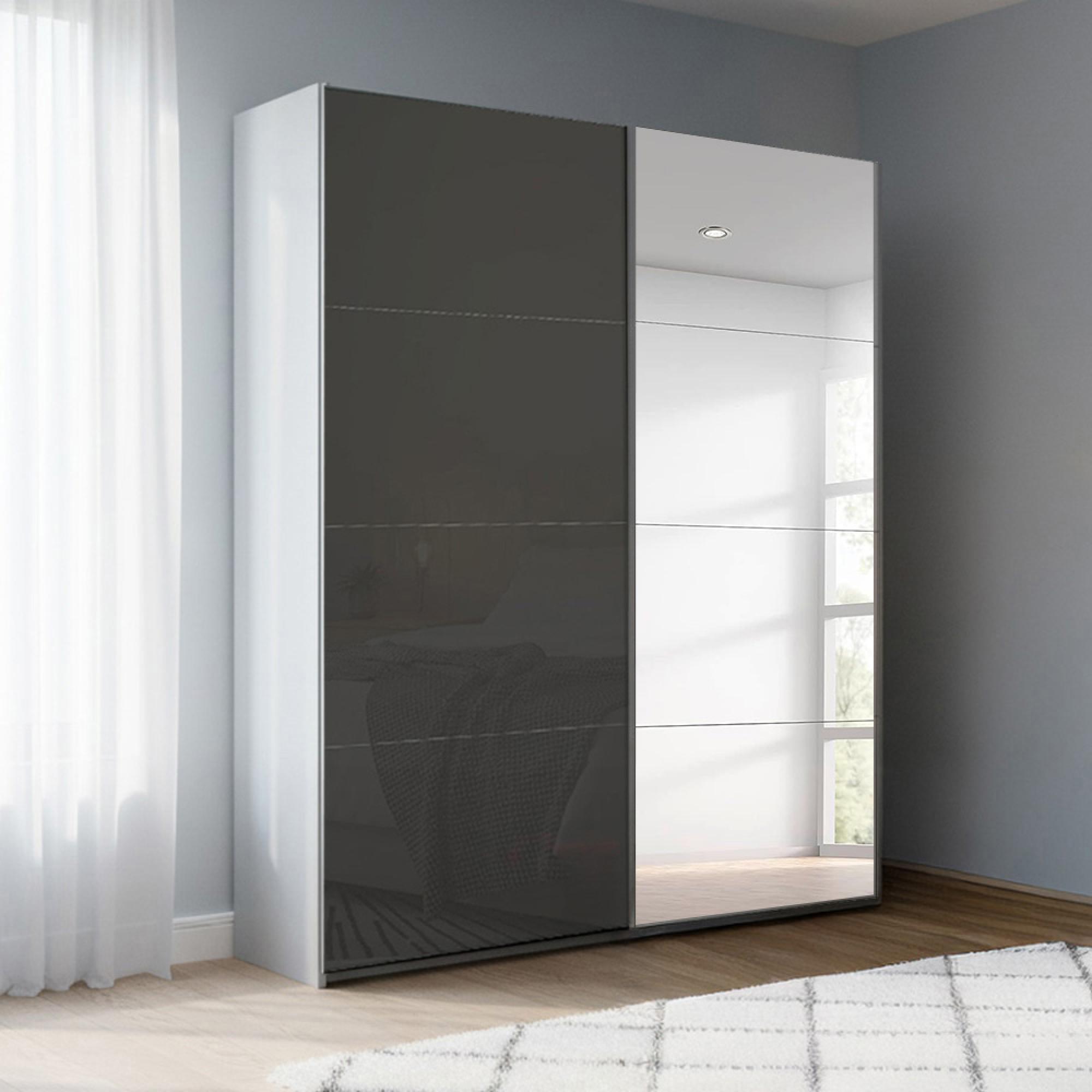 Beluga Extra Sliding Wardrobe - 137cm - 2 Door - Mirror - Silk Grey & Basalt Glass