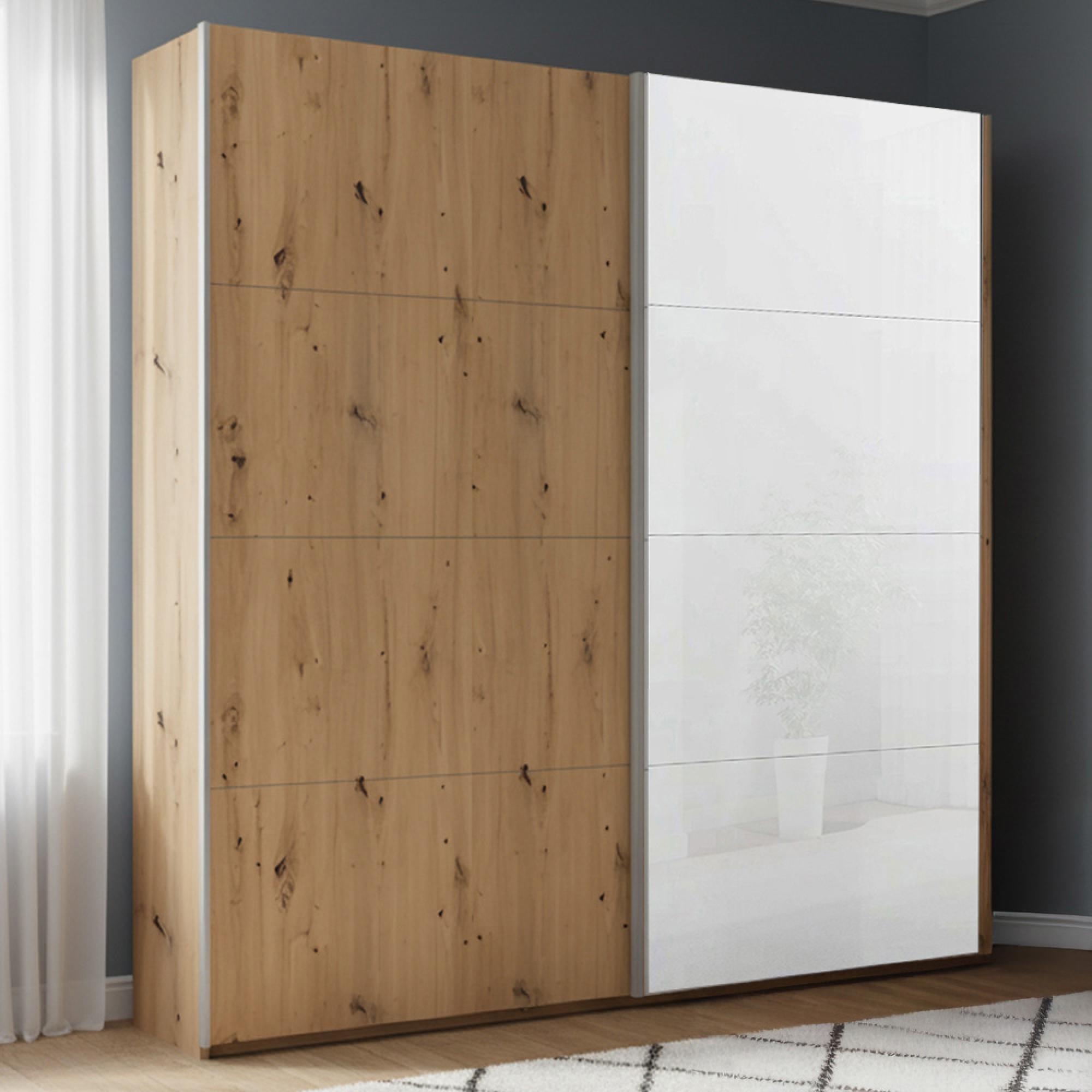 Beluga Extra Sliding Wardrobe - 181cm - 2 Door - White High Gloss & Artisan Oak Front