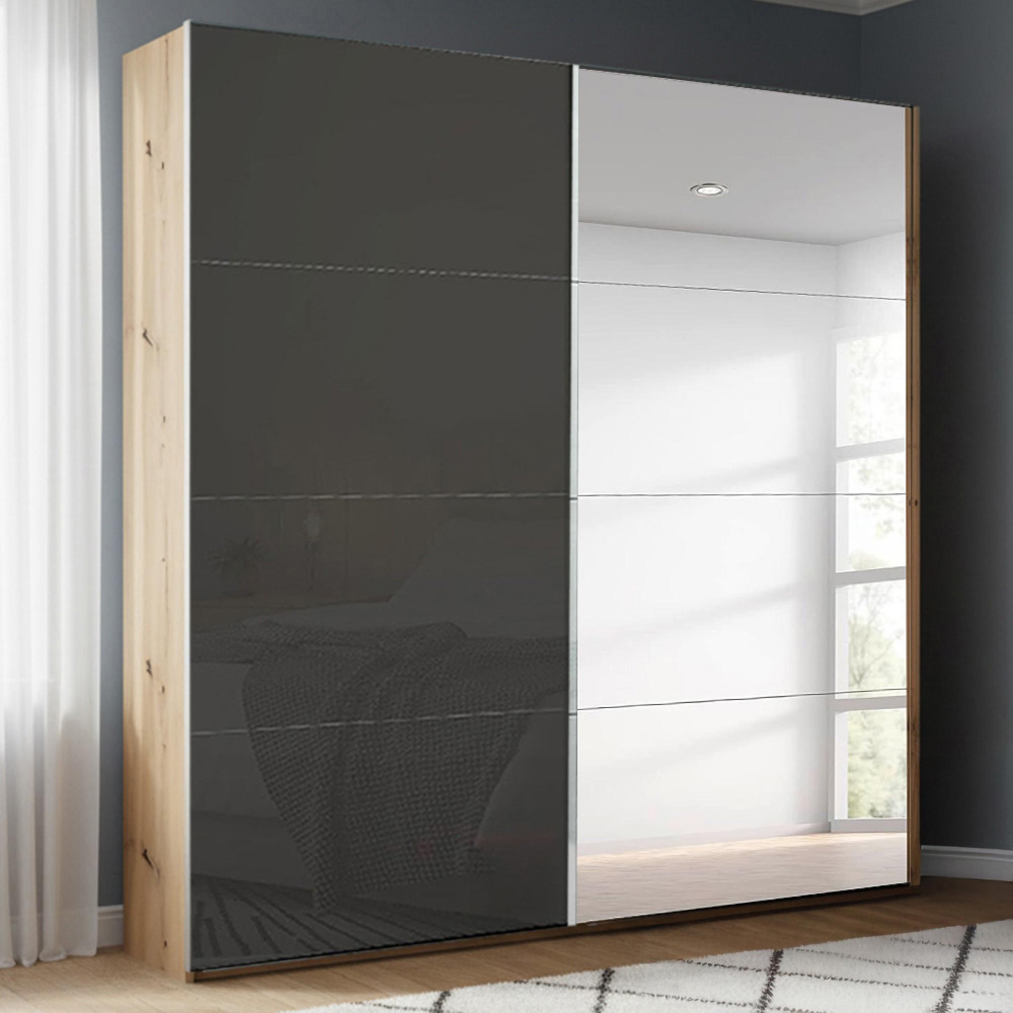 Beluga Extra Sliding Wardrobe - 181cm - 2 Door - Mirror - Artisan Oak & Basalt Glass