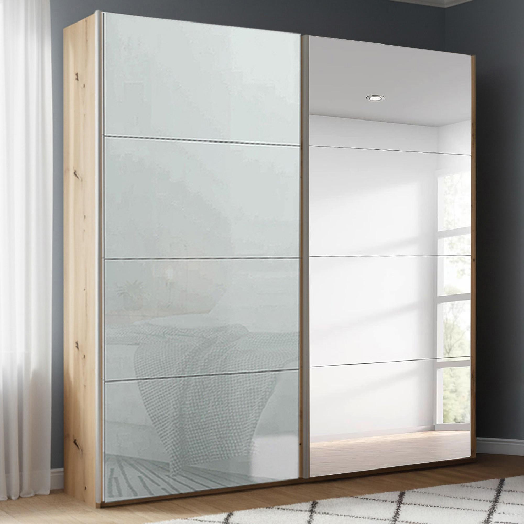 Beluga Extra Sliding Wardrobe - 181cm - 2 Door - Mirror - Artisan Oak & Silk Grey Glass