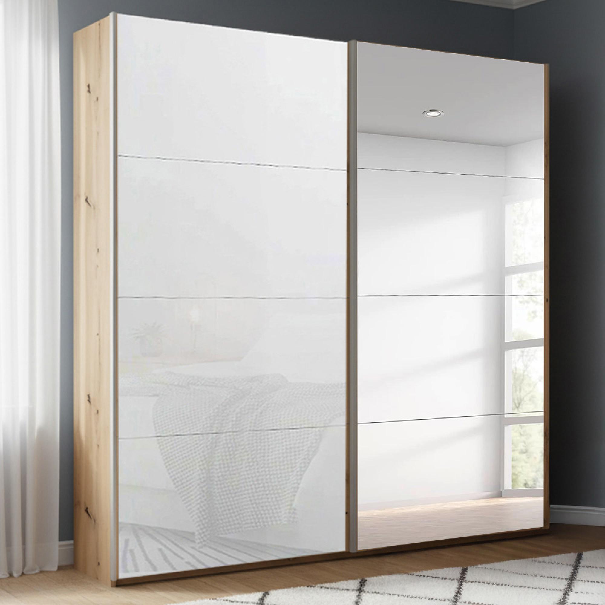 Beluga Extra Sliding Wardrobe - 181cm - 2 Door - Mirror - Artisan Oak & White Glass