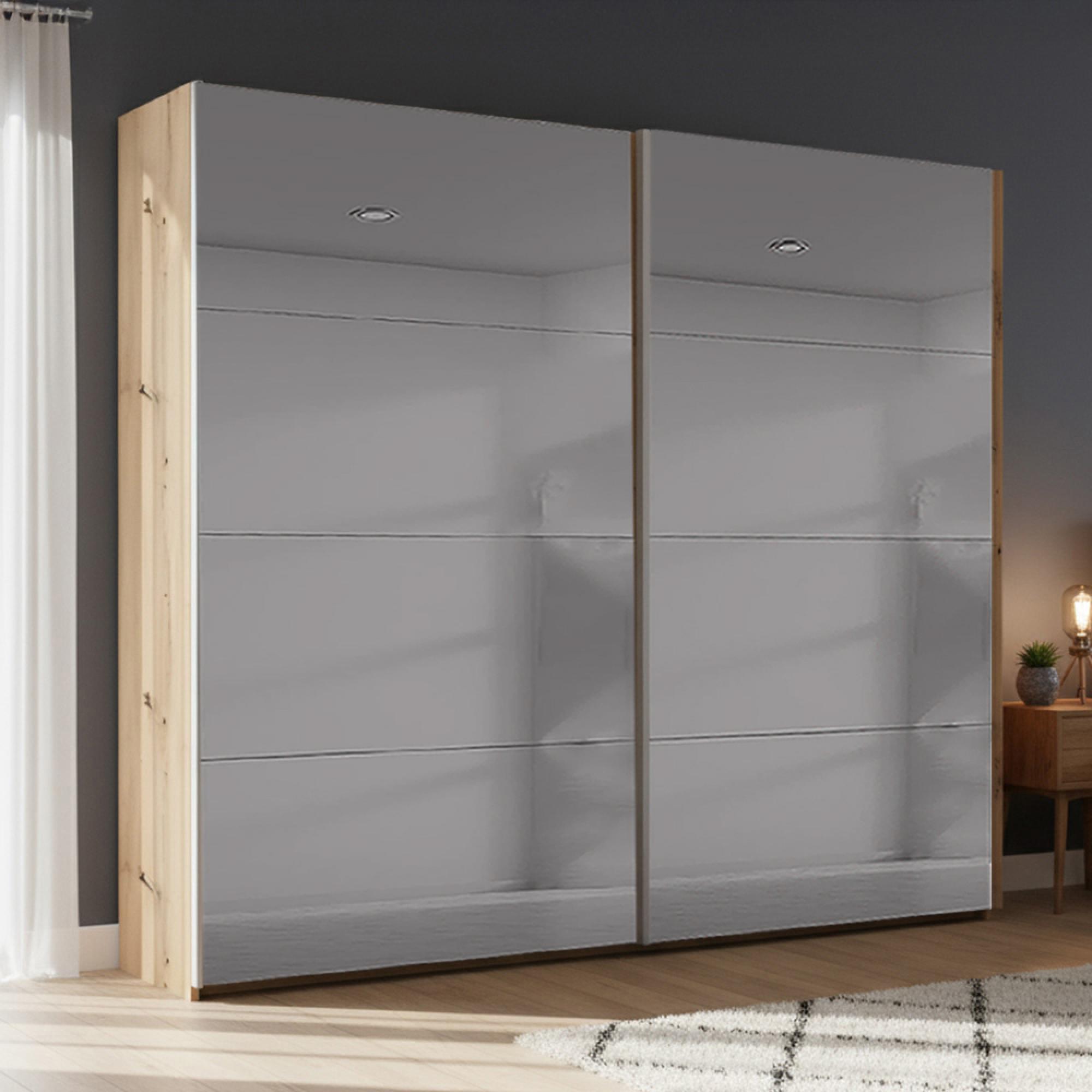 Rauch Beluga Extra 226cm 2 Door Sliding Grey Mirrored Wardrobe - Artisan Oak