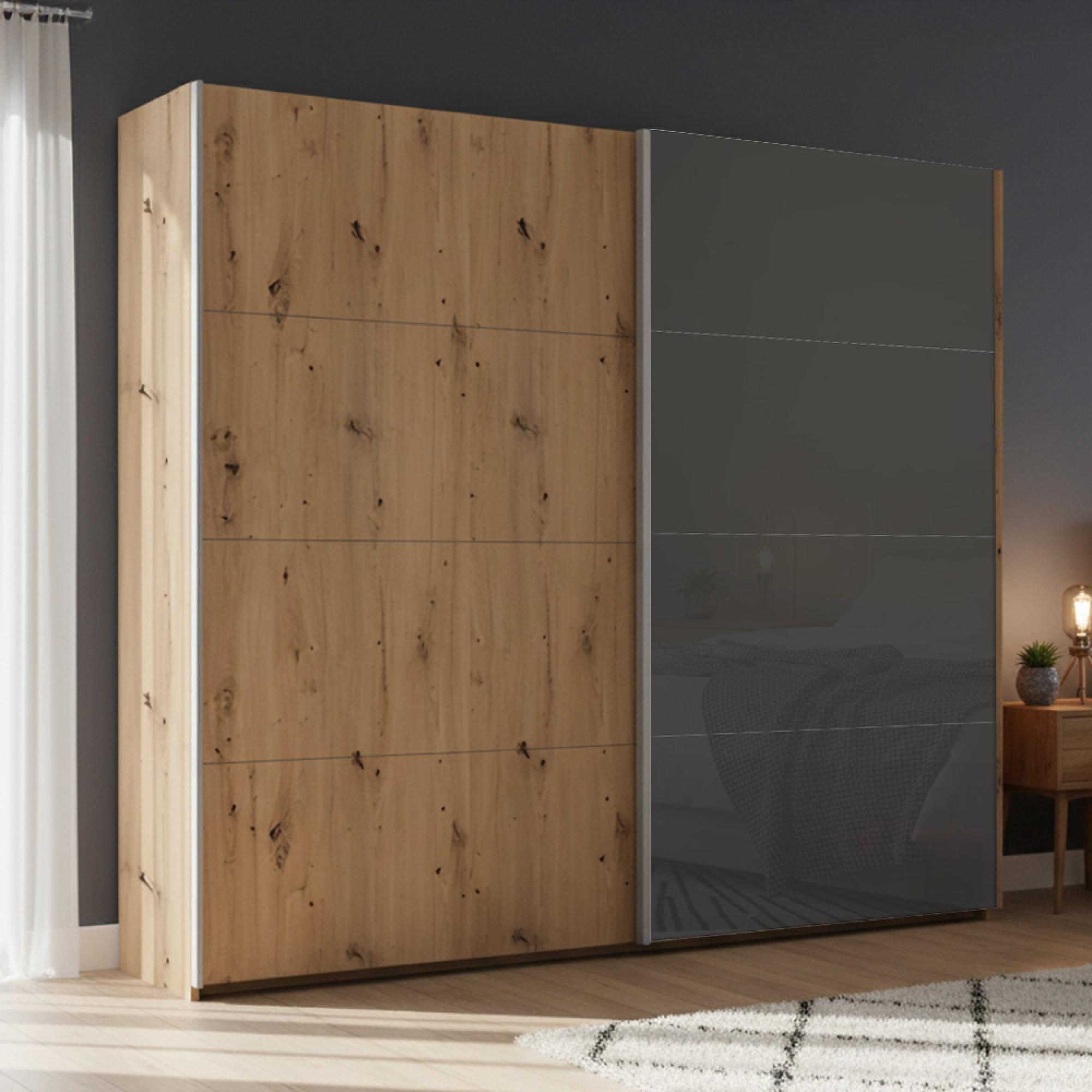 Beluga Extra Sliding Wardrobe - 226cm - 2 Door - Artisan Oak & Basalt Glass Front