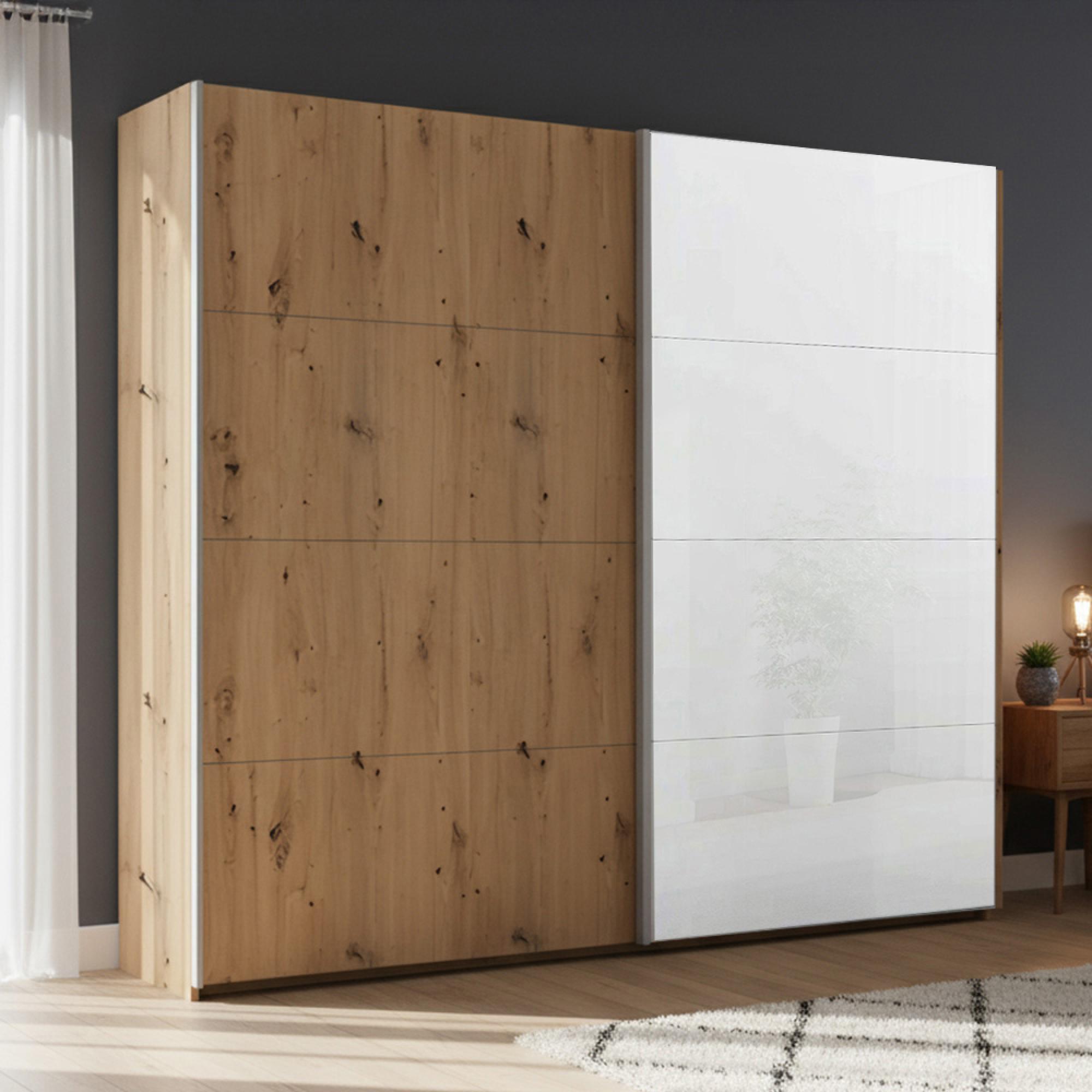 Beluga Extra Sliding Wardrobe - 226cm - 2 Door - White High Gloss & Artisan Oak Front