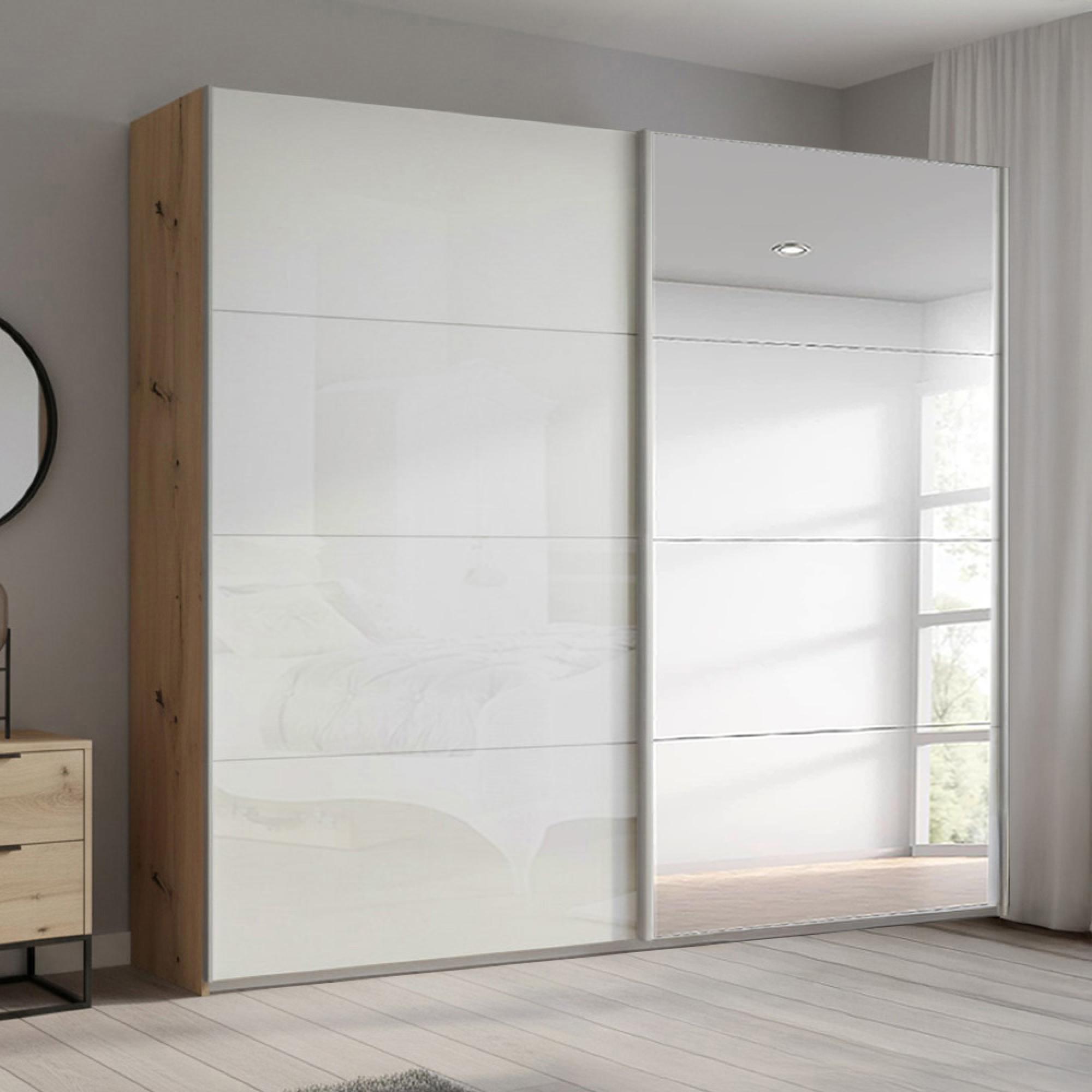 Beluga Extra Sliding Wardrobe - 226cm - 2 Door - Mirror - Artisan Oak & White High Gloss