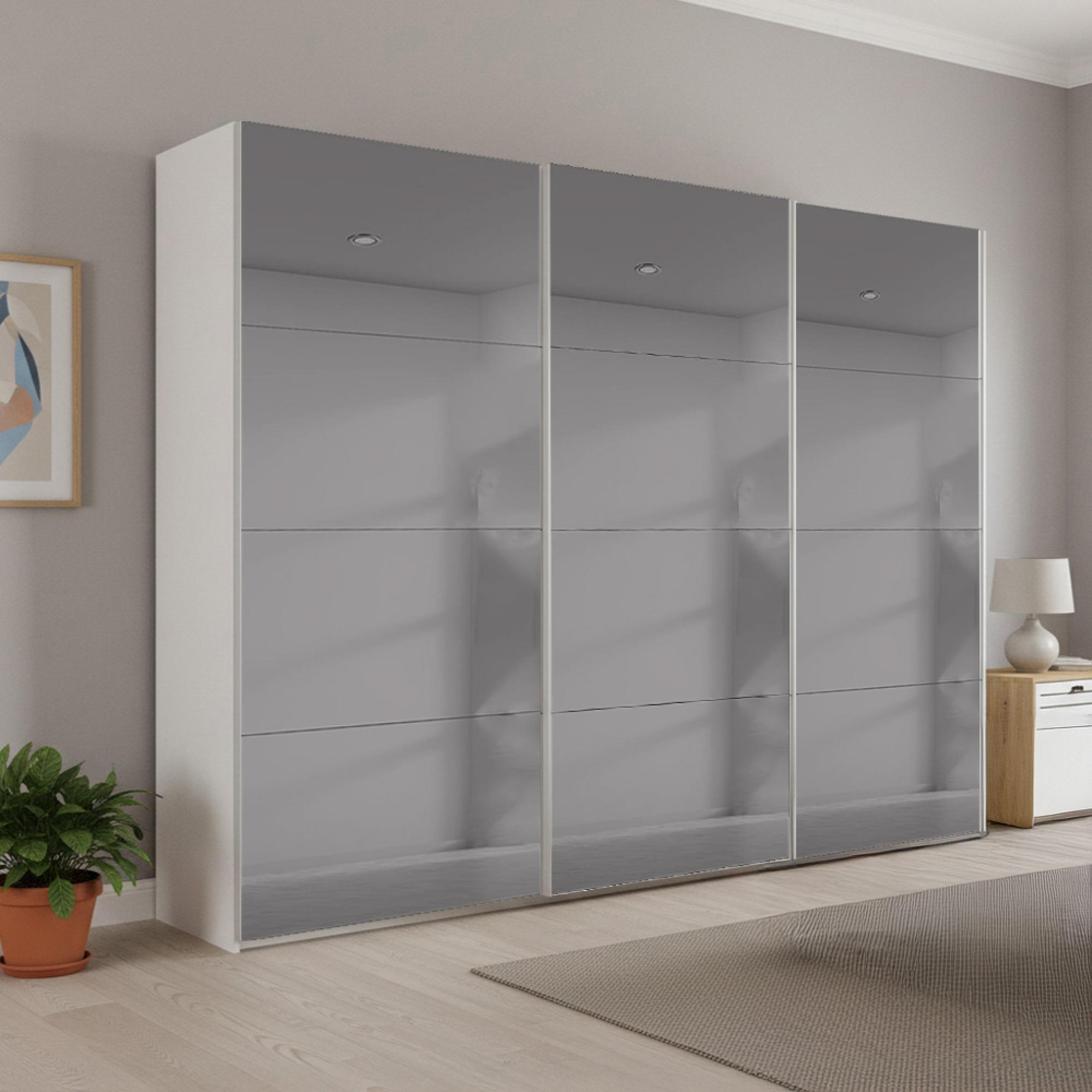 Beluga Extra Sliding Wardrobe - 271cm - 3 Door - Grey Mirrored - Alpine White
