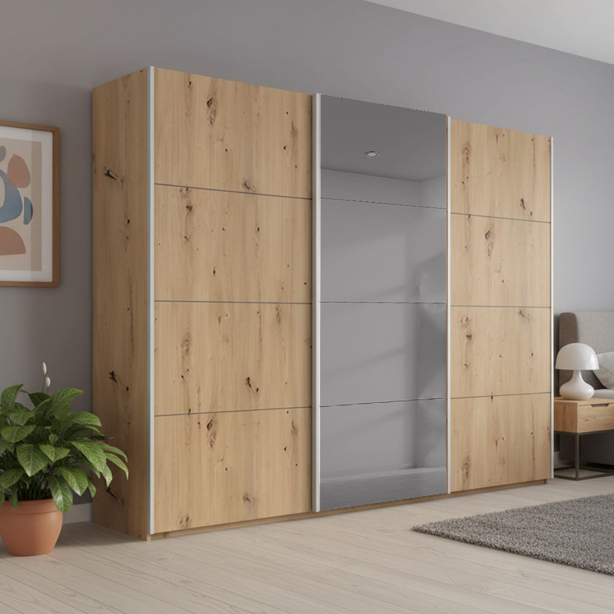 Rauch Beluga Extra 271cm 3 Door Sliding Wardrobe with Grey Mirror - Artisan Oak
