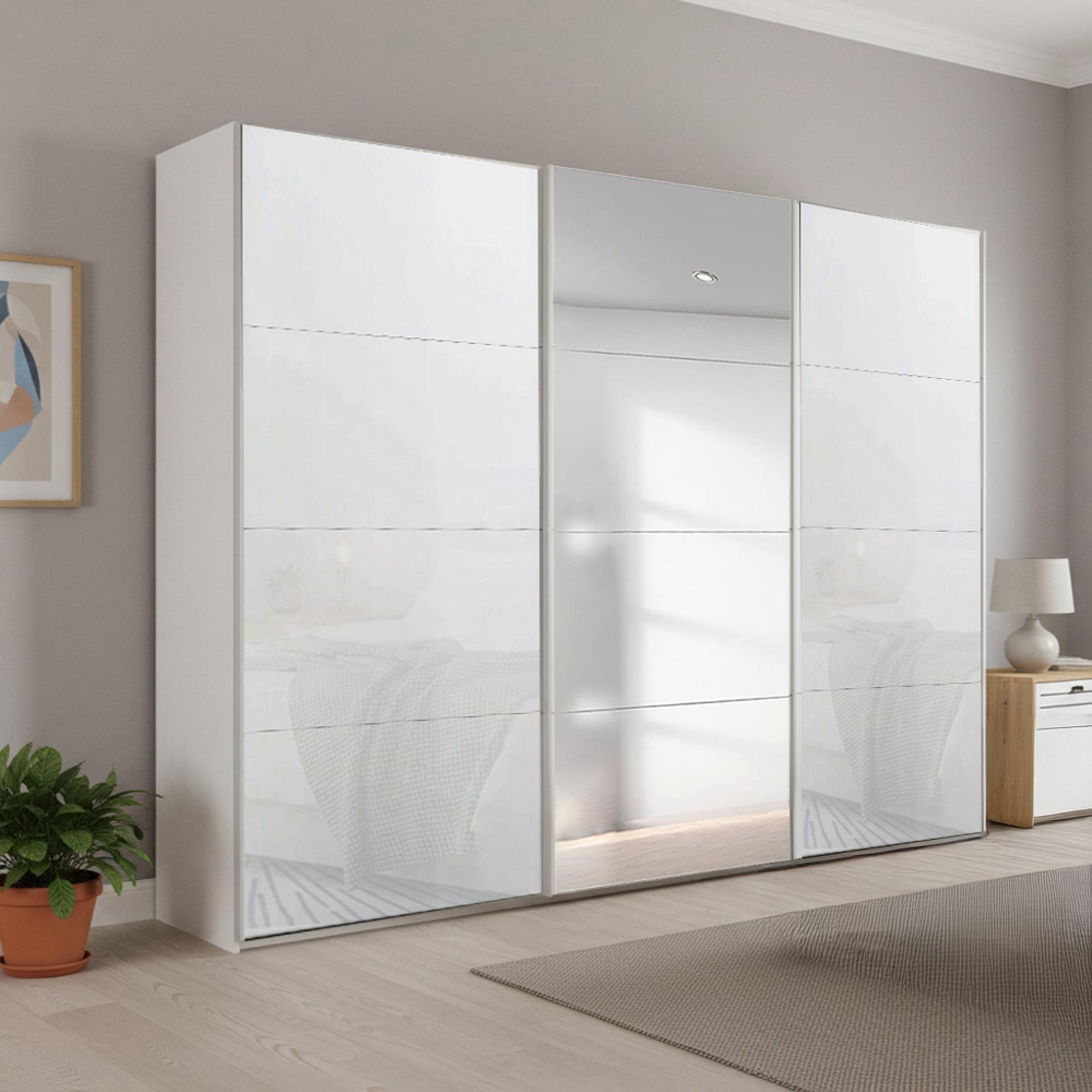 Beluga Extra Sliding Wardrobe - 271cm - 3 Door - Mirror - Alpine White & White Glass