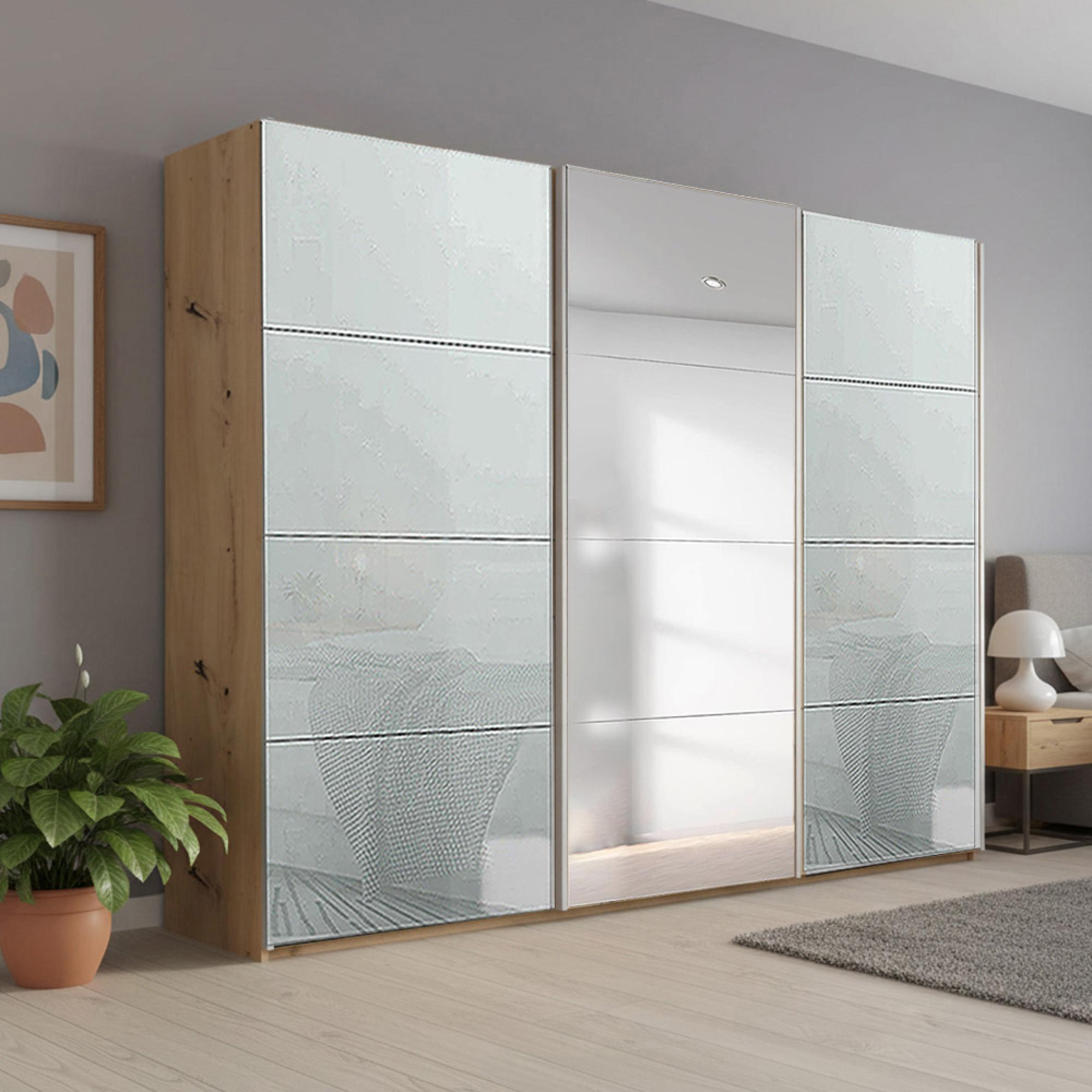Beluga Extra Sliding Wardrobe - 271cm - 3 Door - Mirror - Artisan Oak & Silk Grey Glass