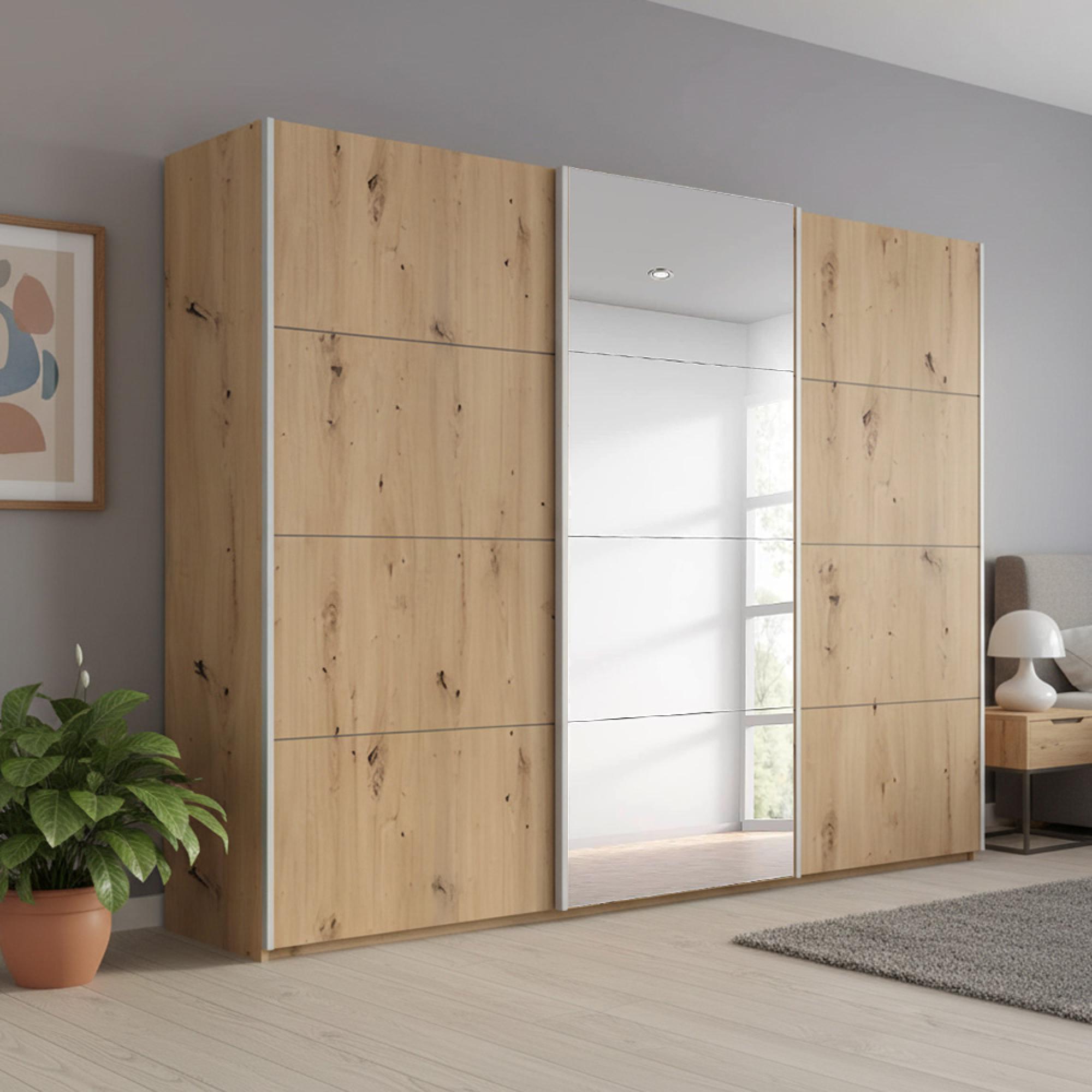 Beluga Extra Sliding Wardrobe - 271cm - 3 Door - Mirror - Artisan Oak