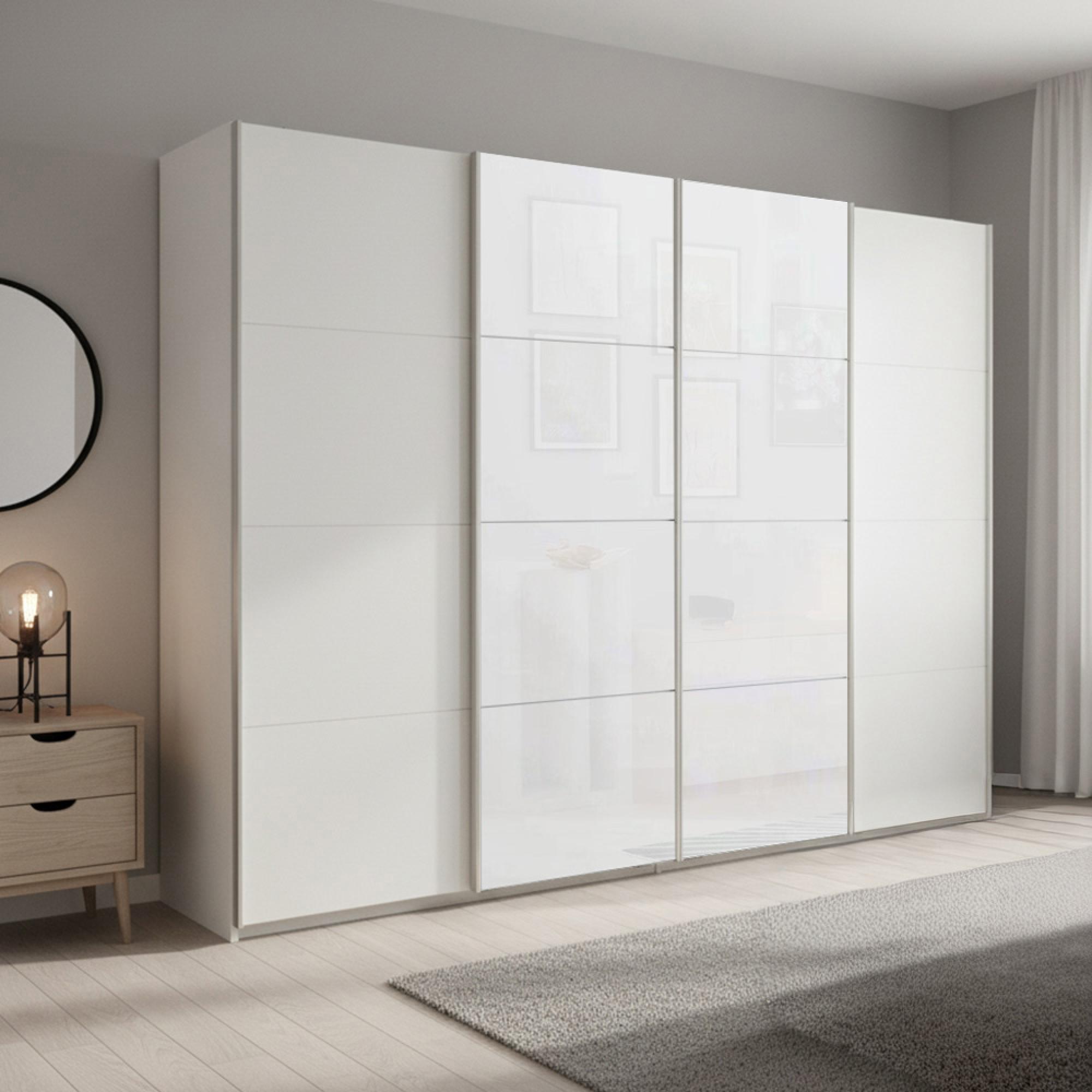 Beluga Extra Sliding Wardrobe - 271cm - 4 Door - Alpine White & White Glass Front